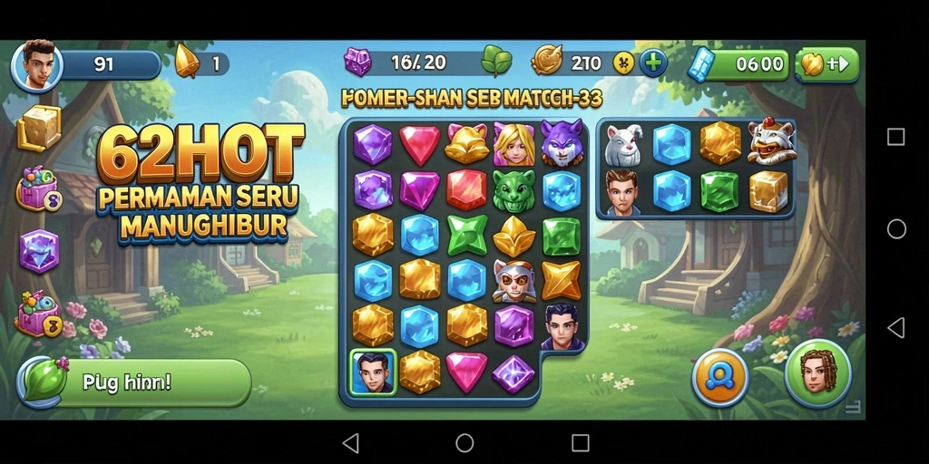 Screenshot gameplay 62HOT menampilkan serunya mencocokkan objek di level yang menarik.