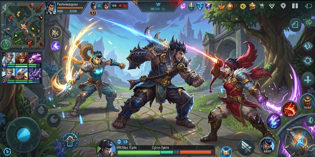 Tangkapan layar gameplay seru dalam pertempuran MOBA.