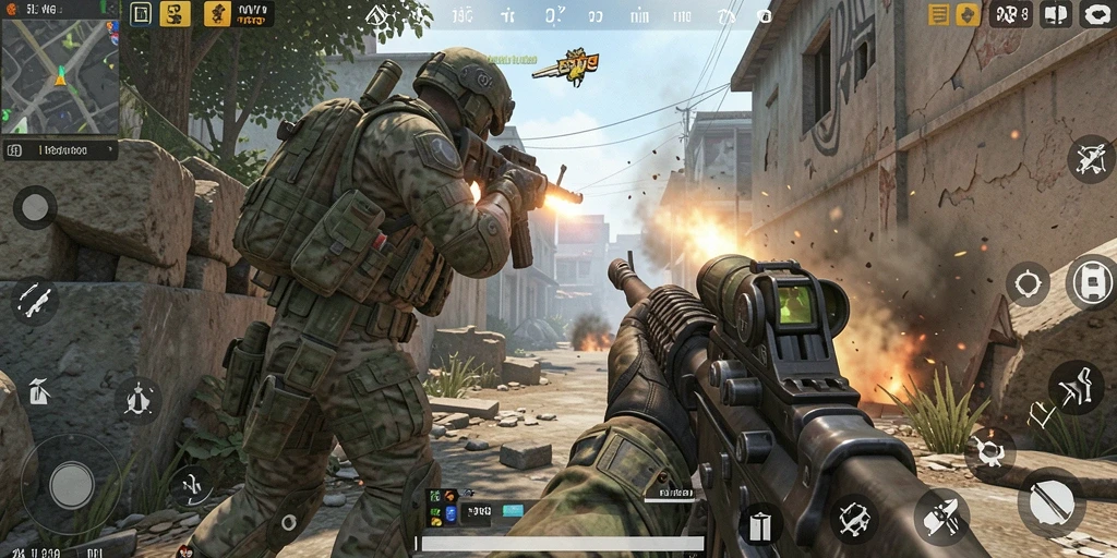 Screenshot AW8 menampilkan aksi intens dalam pertempuran FPS.