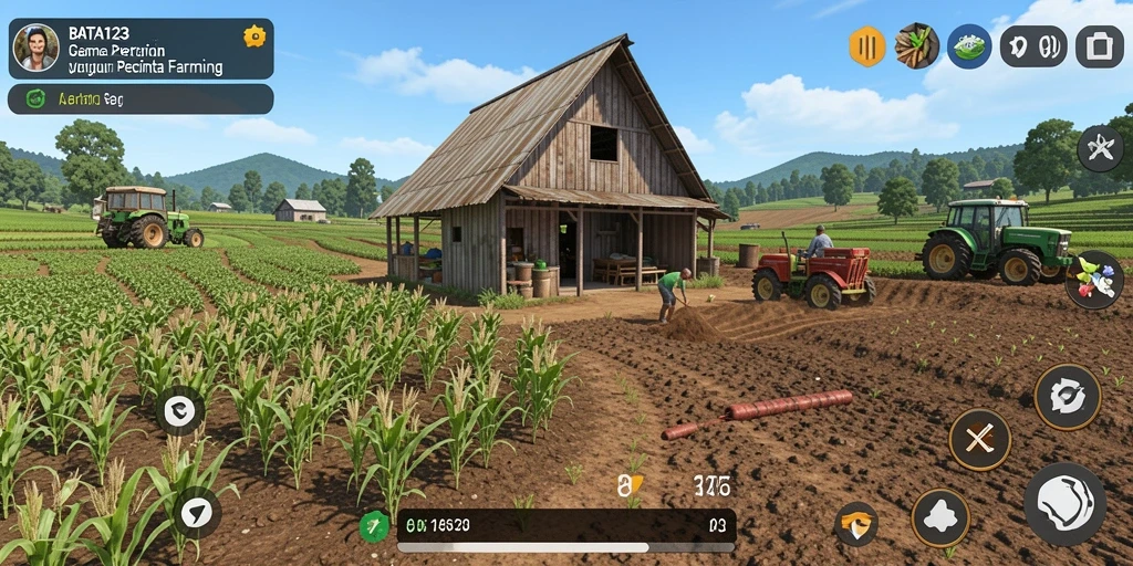 Tampilan gameplay BATA123 yang menampilkan kebun yang subur dan beragam tanaman.
