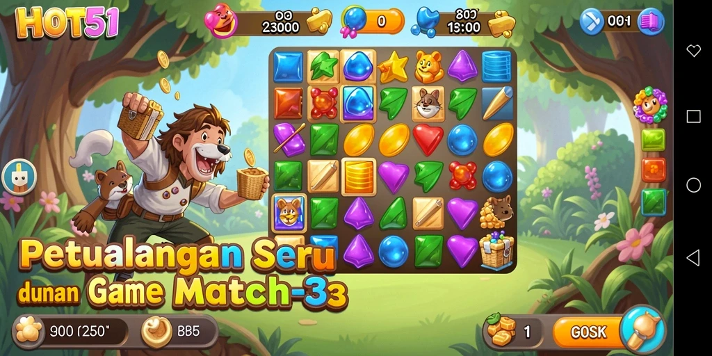 Screenshot menampilkan gameplay seru HOT51 dengan kombinasi permata.