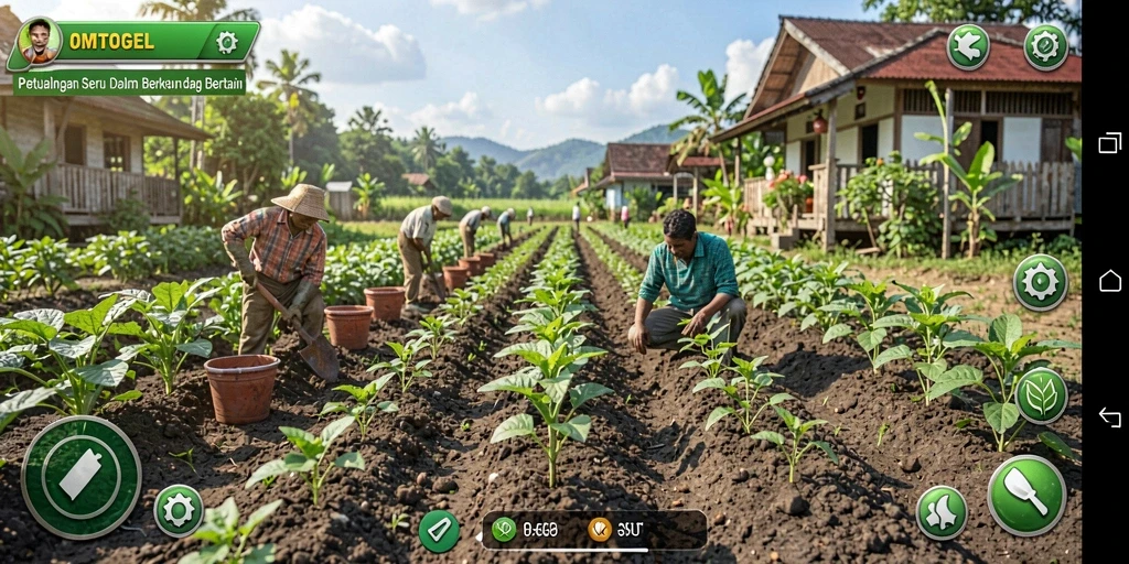Screenshot gameplay OMTOGEL menunjukkan ladang subur dan hewan ternak yang bahagia.