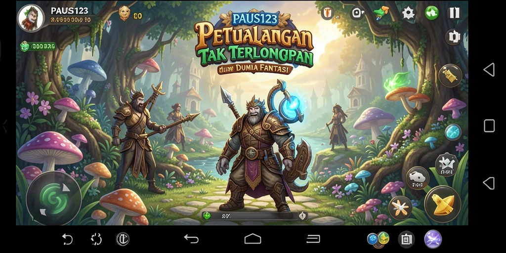 Screenshot PAUS123 menampilkan karakter dalam pertempuran seru di dunia fantasi.